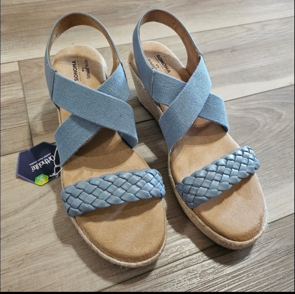 NEW Espadrille Women's Espadrille Wedge Sandals Blue Braided Elastic Slingback